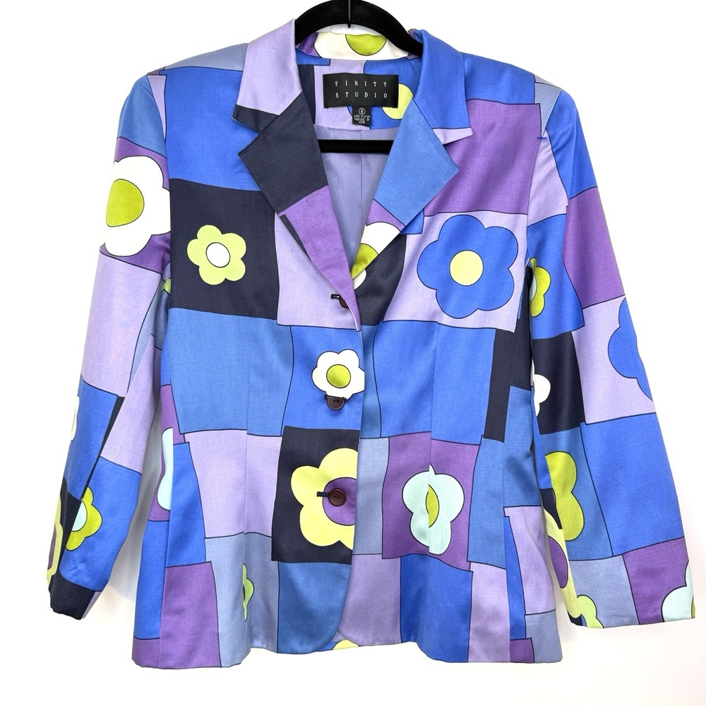 FINITY Studio Blazer Women's 8 Floral Colorblock Purple Silk Cotton Linedβ VTG